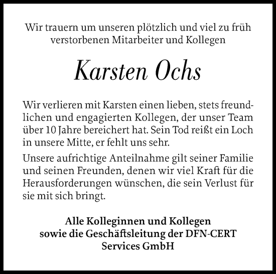 Traueranzeige von Karsten Ochs von Holsteinischer Courier