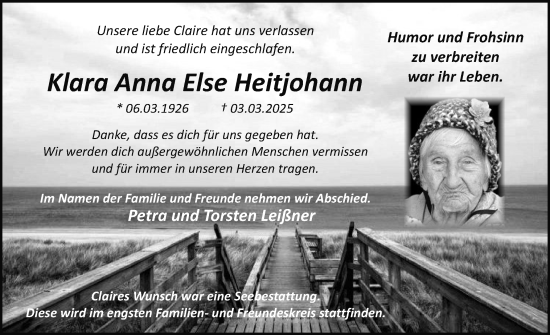 Traueranzeige von Klara Heitjohann von Sylter Rundschau