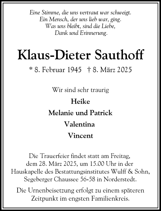 Traueranzeige von Klaus-Dieter Sauthoff von Heimatspiegel