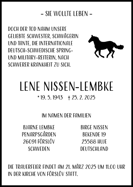 Traueranzeige von Lene Nissen-Lembke von Norddeutsche Rundschau, Wilstersche Zeitung, Glückstädter Fortuna