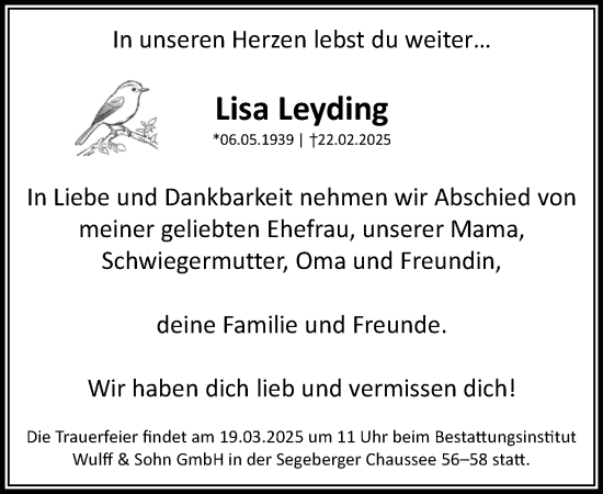 Traueranzeige von Lisa Leyding von Heimatspiegel