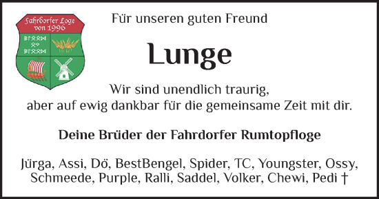 Traueranzeige von Lunge  von Schleswiger Nachrichten, Schlei-Bote