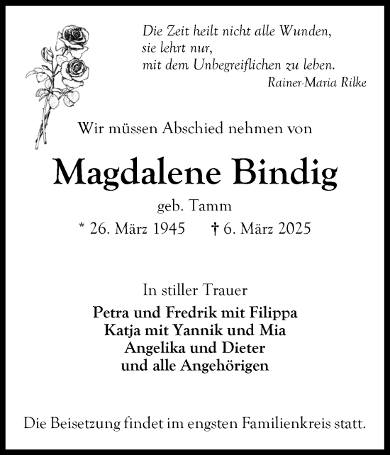 Traueranzeige von Magdalene Bindig von Ostholsteiner Anzeiger