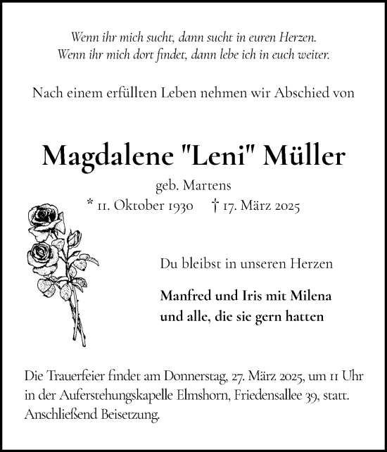 Traueranzeige von Magdalene Müller von Elmshorner Nachrichten, Barmstedter Zeitung