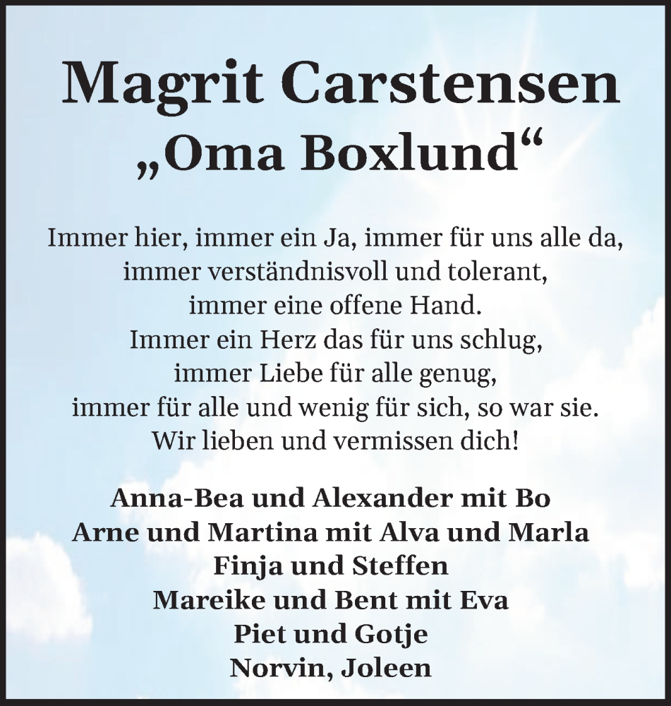  Traueranzeige für Magrit Carstensen vom 01.03.2025 aus Husumer Nachrichten, Nordfriesland Tageblatt