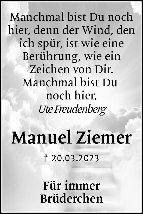 Traueranzeige von Manuel Ziemer von Schleswig-Holsteinische Landeszeitung