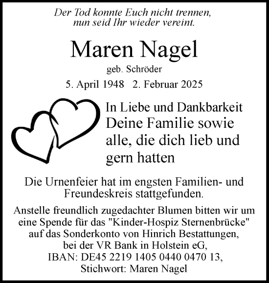 Traueranzeige von Maren Nagel von Uetersener Nachrichten, Der tip am Wochenende