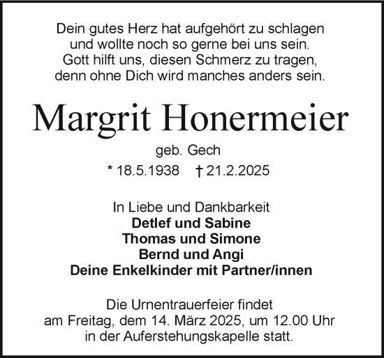 Traueranzeige von Margrit Honermeier von Holsteinischer Courier
