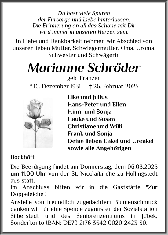 Traueranzeige von Marianne Schröder von Schleswiger Nachrichten, Schlei-Bote