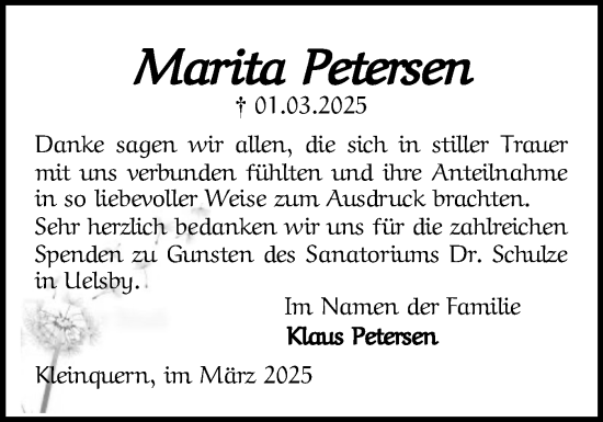 Traueranzeige von Marita Petersen von Flensburger Tageblatt