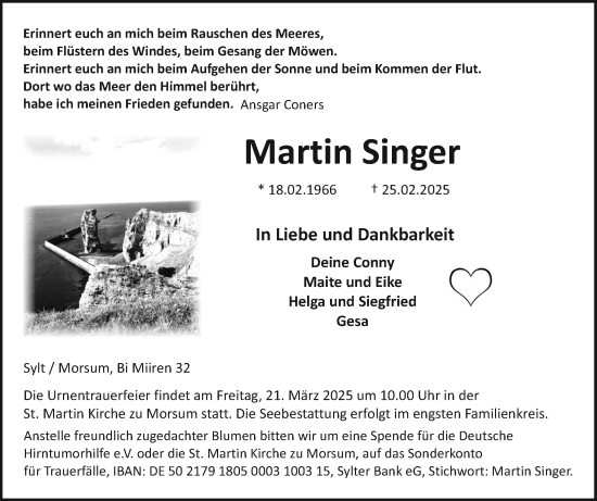 Traueranzeige von Martin Singer von Sylter Rundschau