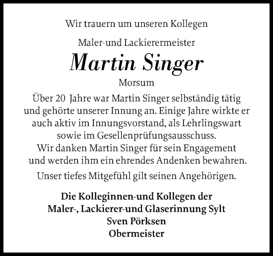 Traueranzeige von Martin Singer von Sylter Rundschau