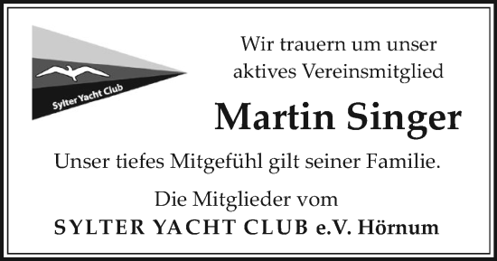 Traueranzeige von Martin Singer von Sylter Rundschau