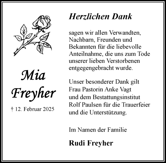 Traueranzeige von Mia Freyher von MARKT Bad Oldesloe/Reinfeld und Stormarner Tageblatt