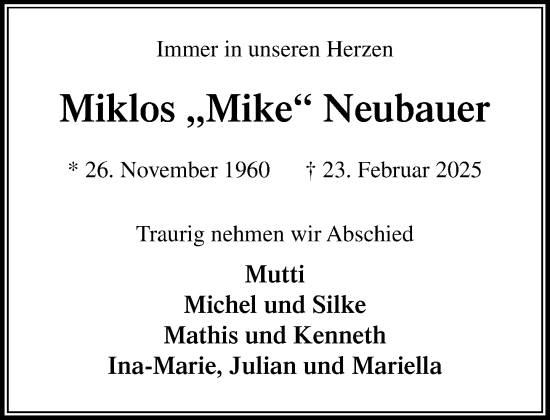 Traueranzeige von Miklos Neubauer von MARKT Ahrensburg/Bargteheide/Trittau und Stormarner Tageblatt
