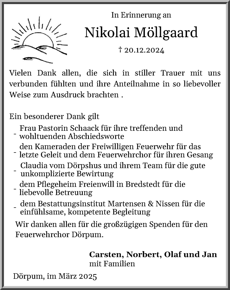  Traueranzeige für Nikolai Möllgaard vom 15.03.2025 aus Husumer Nachrichten, Nordfriesland Tageblatt