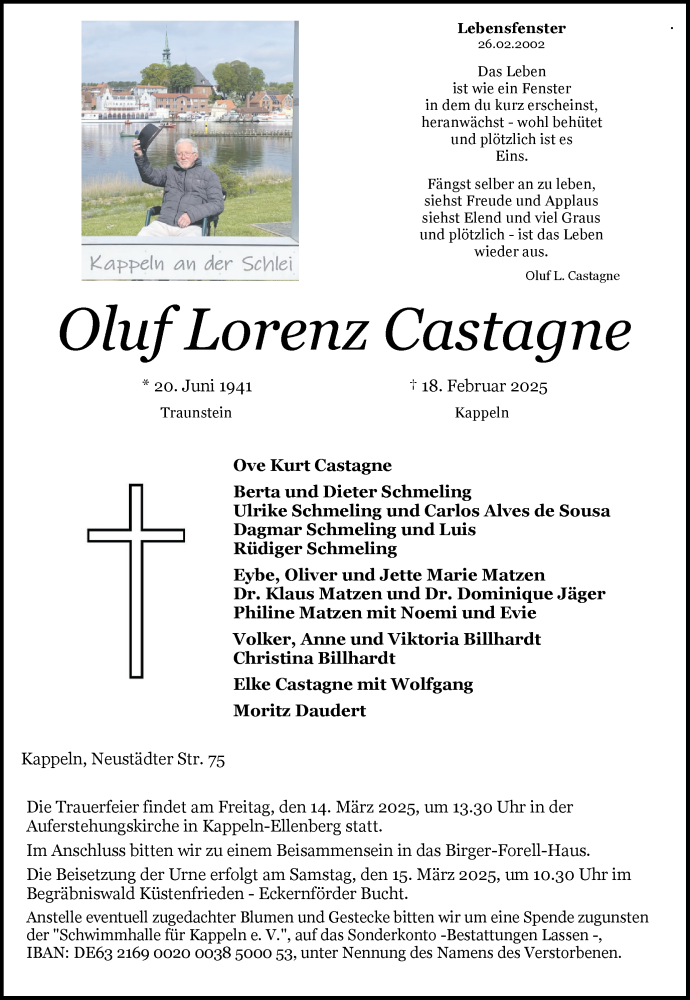  Traueranzeige für Oluf Lorenz Castagne vom 01.03.2025 aus Schleswiger Nachrichten, Schlei-Bote