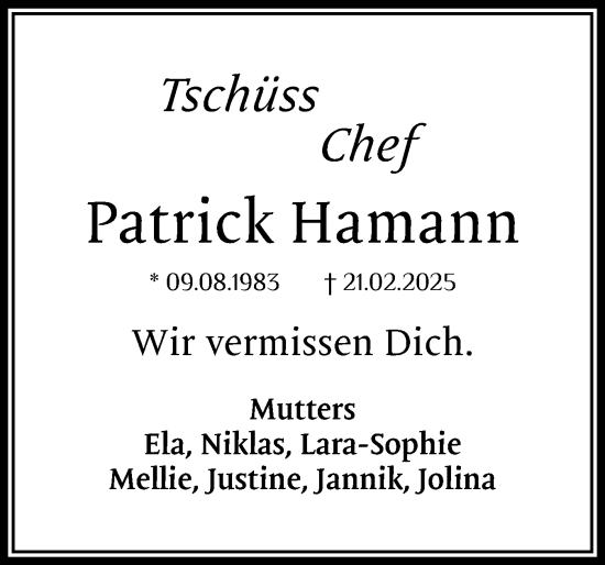 Traueranzeige von Patrick Hamann von Holsteinischer Courier