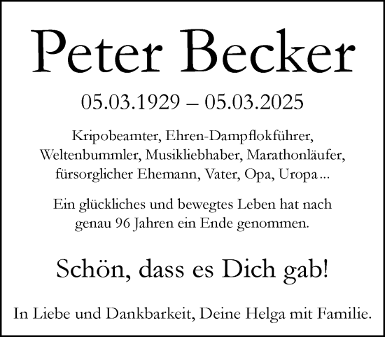 Traueranzeige von Peter Becker von Flensburger Tageblatt