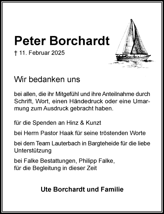 Traueranzeige von Peter Borchardt von MARKT Ahrensburg/Bargteheide/Trittau und Stormarner Tageblatt