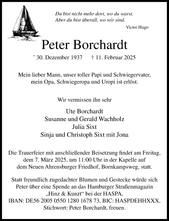 Traueranzeige von Peter Borchardt von MARKT Ahrensburg/Bargteheide/Trittau und Stormarner Tageblatt