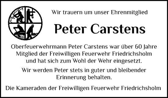 Traueranzeige von Peter Wilhelm Carstens von Schleswig-Holsteinische Landeszeitung