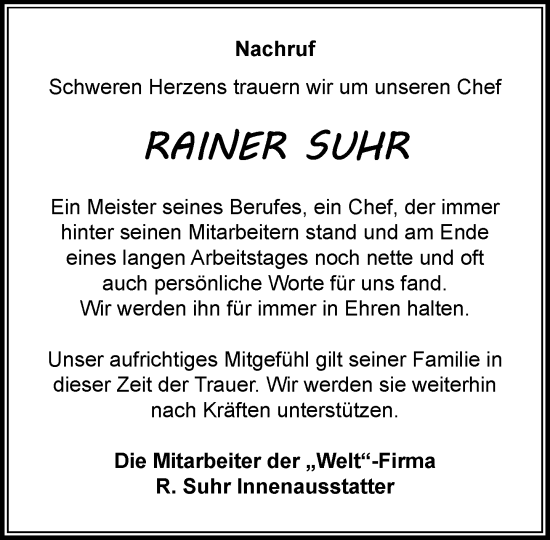 Traueranzeige von Rainer Suhr von Heimatspiegel