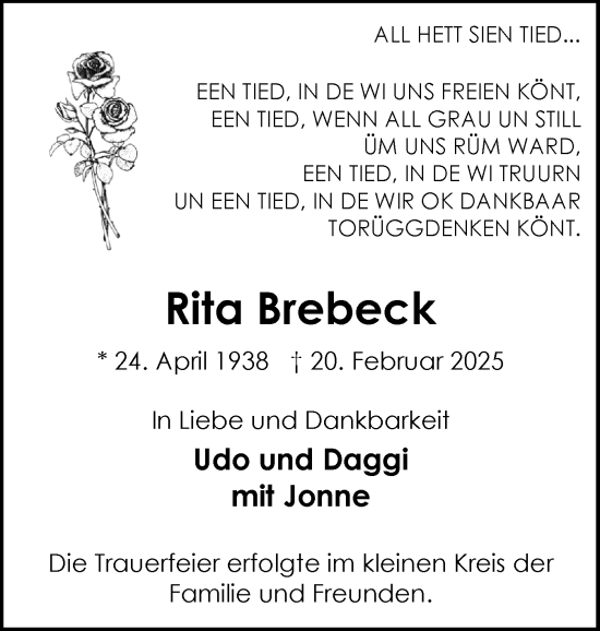 Traueranzeige von Rita Brebeck von Schleswig-Holsteinische Landeszeitung