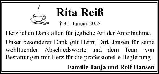 Traueranzeige von Rita Reiß von Flensburger Tageblatt