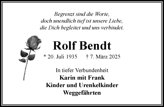 Traueranzeige von Rolf Bendt von Wochenend Anzeiger