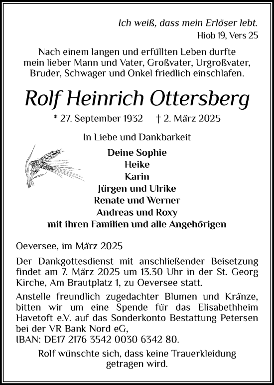 Traueranzeige von Rolf Heinrich Ottersberg von Flensburger Tageblatt