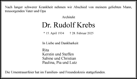 Traueranzeige von Rudolf Krebs von MARKT Bad Oldesloe/Reinfeld und Stormarner Tageblatt