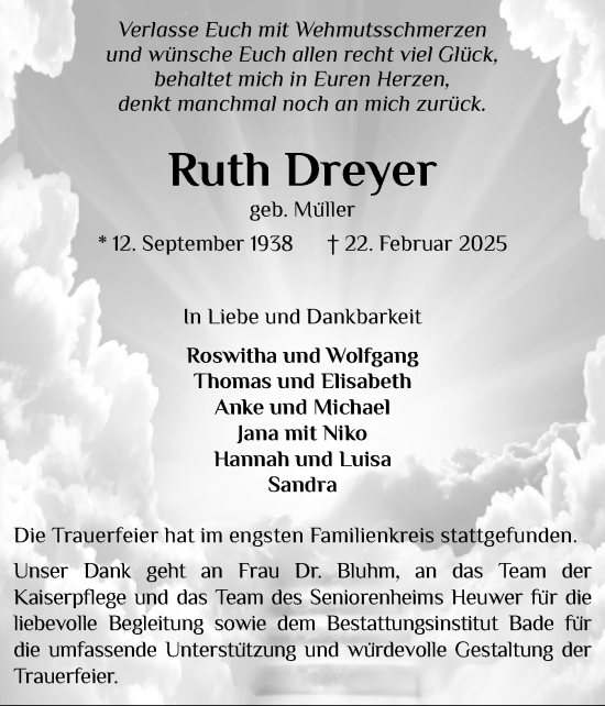 Traueranzeige von Ruth Dreyer von Wedel-Schulauer Tageblatt, tip Wedel-Schulauer Tageblatt, tip Rissener Rundschau