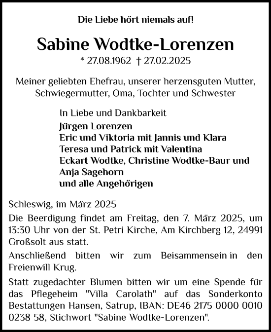 Traueranzeige von Sabine Wodtke-Lorenzen von Flensburger Tageblatt, Schleswiger Nachrichten, Schlei-Bote