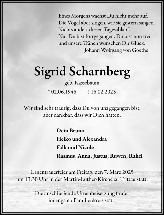 Traueranzeige von Sigrid Scharnberg von MARKT Ahrensburg/Bargteheide/Trittau und Stormarner Tageblatt
