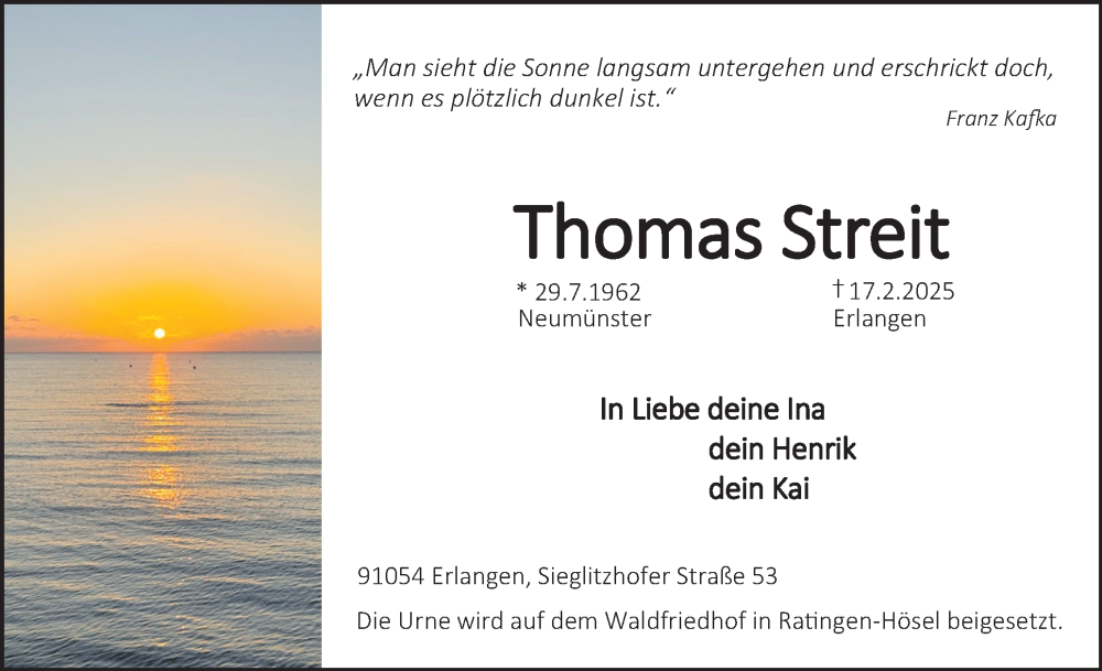  Traueranzeige für Thomas Streit vom 01.03.2025 aus Holsteinischer Courier