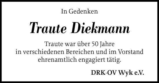 Traueranzeige von Traute Diekmann von Der Insel-Bote