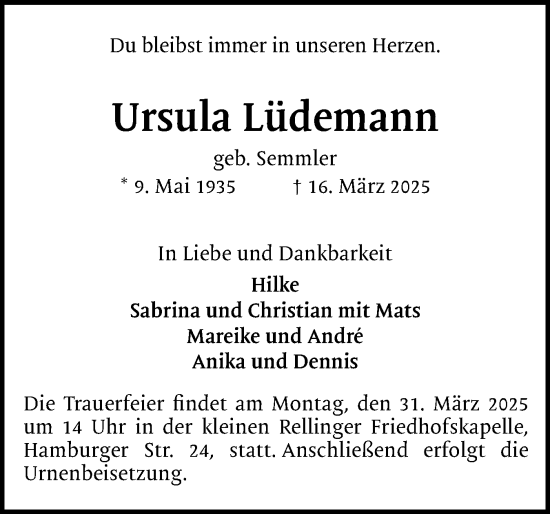 Traueranzeige von Ursula Lüdemann von Region Pinneberg und tip Pinneberg