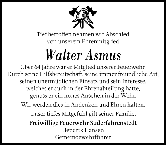 Traueranzeige von Walter Asmus von Schleswiger Nachrichten, Schlei-Bote