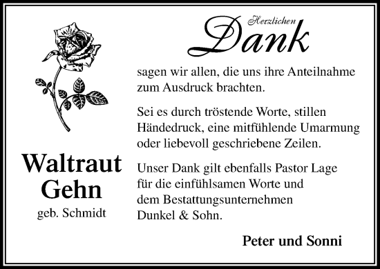 Traueranzeige von Waltraut Gehn von MARKT Ratzeburg/Mölln