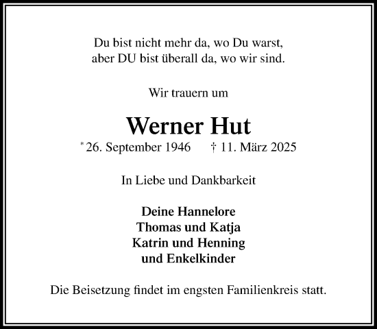 Traueranzeige von Werner Hut von MARKT Glinde/Reinbek