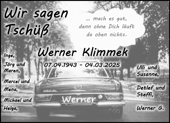 Traueranzeige von Werner Klimmek von Wochenend Anzeiger