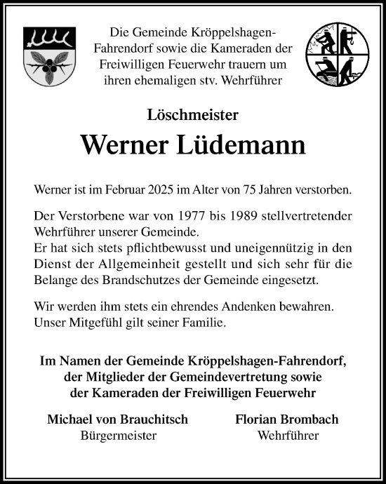 Traueranzeige von Werner Lüdemann von Wochenend Anzeiger