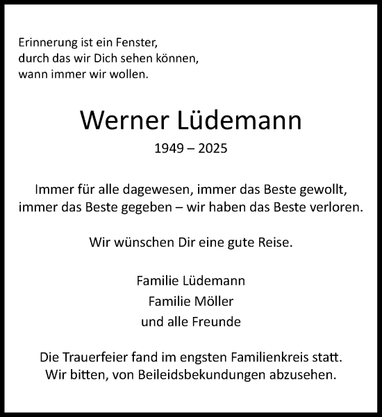 Traueranzeige von Werner Lüdemann von Wochenend Anzeiger