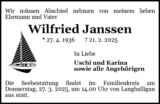 Traueranzeige von Wilfried Janssen von Region Flensburg