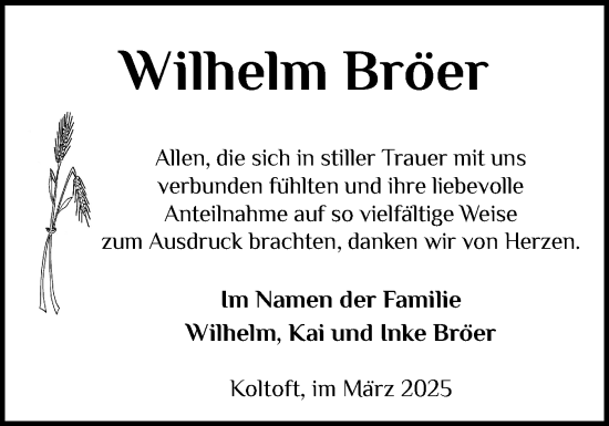 Traueranzeige von Wilhelm Bröer von Schleswiger Nachrichten, Schlei-Bote