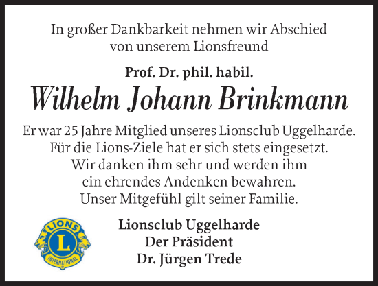 Traueranzeige von Wilhelm Johann Brinkmann von Flensburger Tageblatt