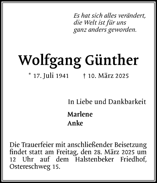 Traueranzeige von Wolfgang Günther von Region Pinneberg und tip Pinneberg
