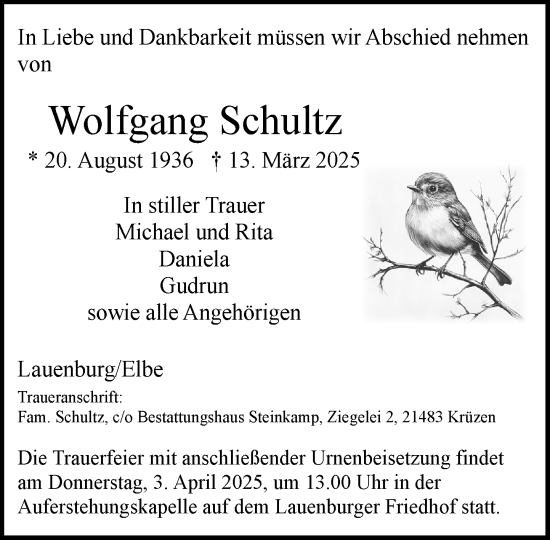 Traueranzeige von Wolfgang Schultz von Wochenend Anzeiger