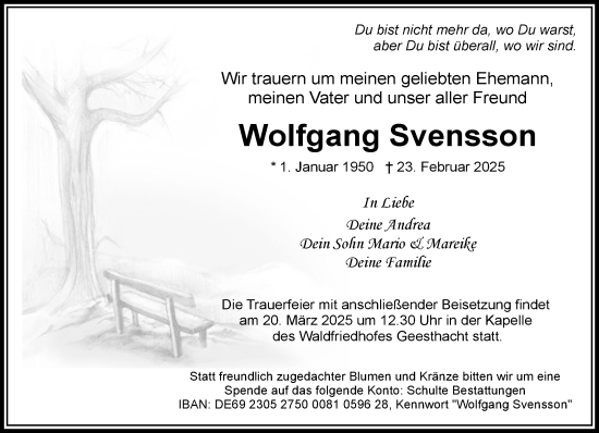 Traueranzeige von Wolfgang Svensson von Wochenend Anzeiger